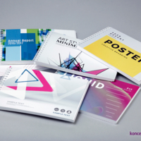 Na zdjęciu widocznych jest sześć kolorowych projektów poziomych broszur w oprawie spiralowanej.