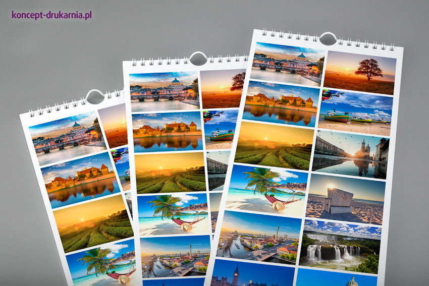 Często na stronie otwierającej kalendarzy ściennych umieszcza się miniatury fotografii użytych na kartach poszczególnych miesięcy.